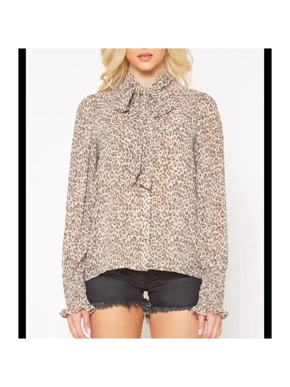 NWOT Pleione Brown Leopard Ruffle Blouse Size M